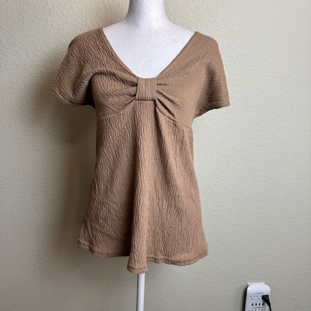 American City Wear Maternity Size L Tan Top Tie Waist Stretch Short Sleeves